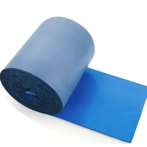 Roll of blue tape with a single sheet peeled out on a white background