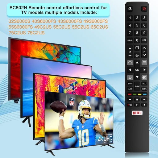 Remote control with TV models compatibility list on a blue background