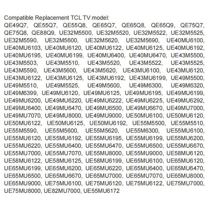 List of compatible replacement TCL TV models on a white background