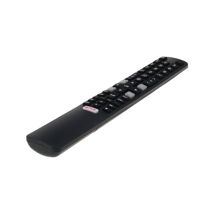 Black remote control with multiple buttons on a white background