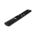 Black remote control with multiple buttons on a white background