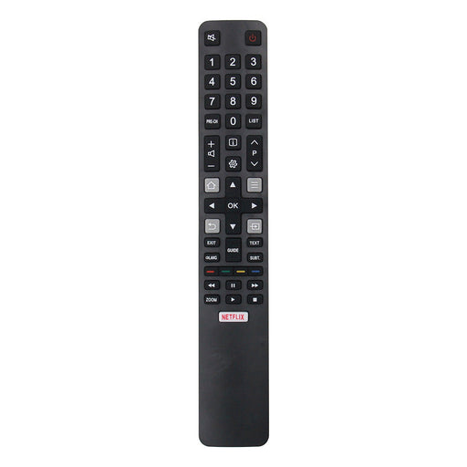 Black remote control with various buttons on a white background