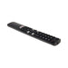 Black remote control with various buttons on a white background