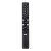 Black remote control with various buttons on a white background