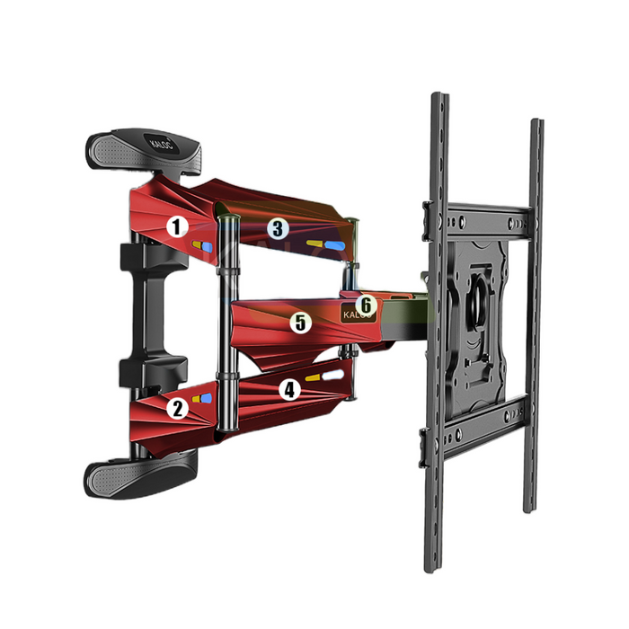 Red TV wall mount with numbered components on a white background