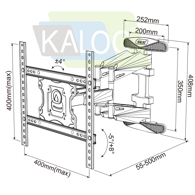 Technical drawing of a wall-mounted TV bracket with dimensions and Kalo brand logo.