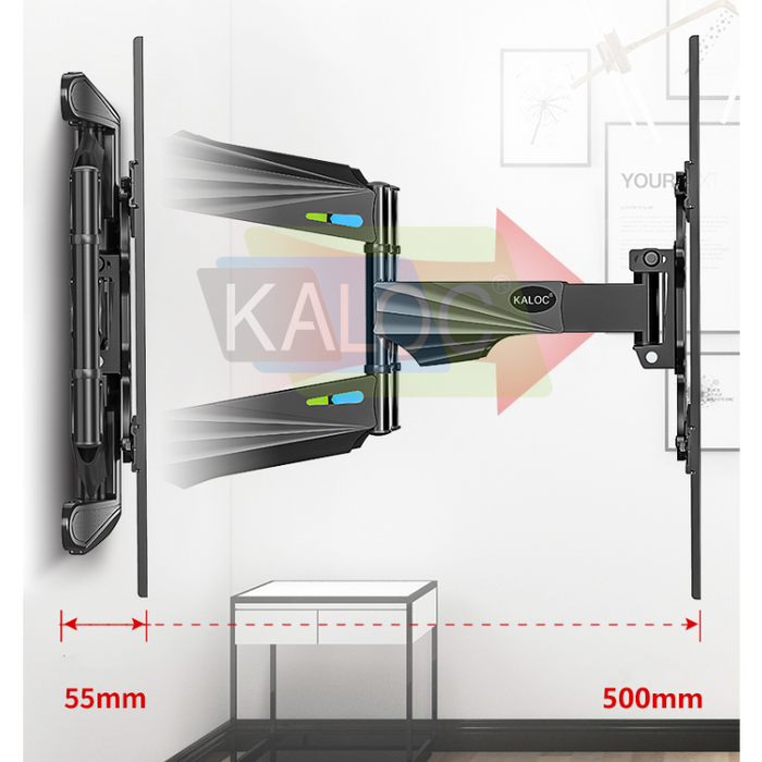 TV wall mount with adjustable arm, showing measurement details, on a white background.