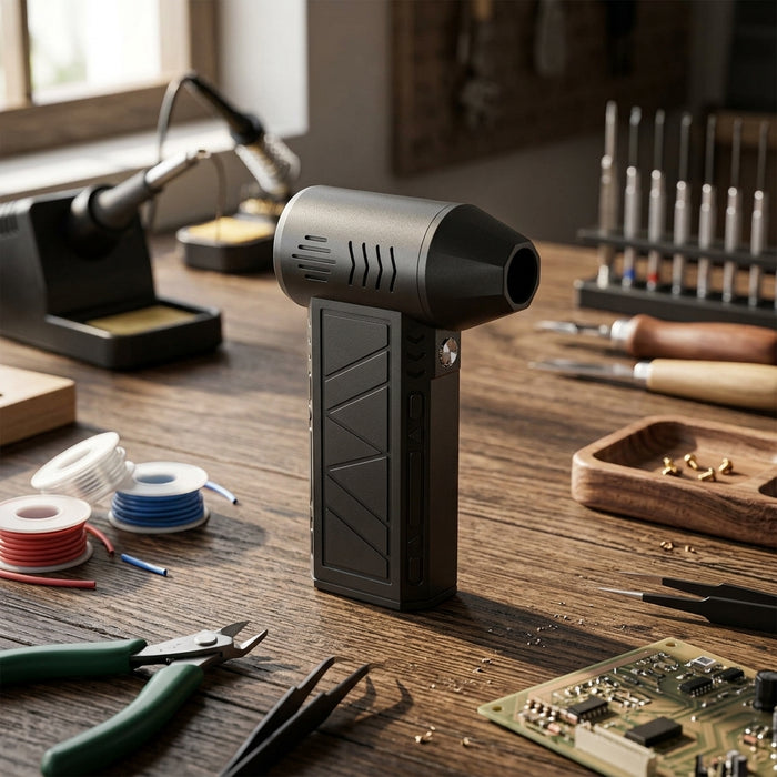 Titan 130,000 RPM Ultra High-Speed Turbo Fan Blower and Air Duster in matte black with control buttons and angled nozzle.