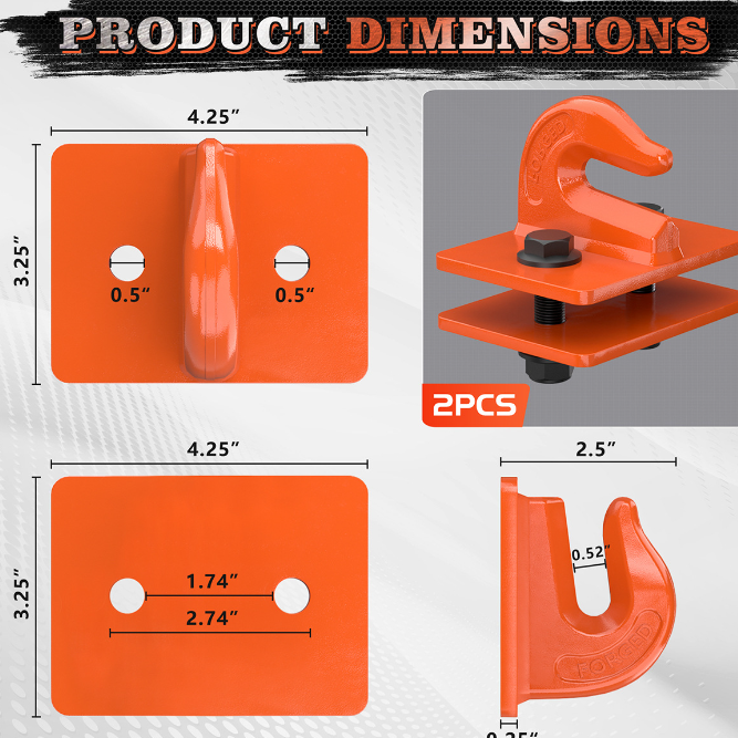 Orange metal clamps with dimensions on a white background