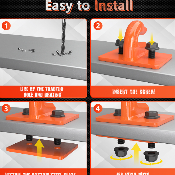 Step-by-step installation guide for a metal bracket on a tractor.