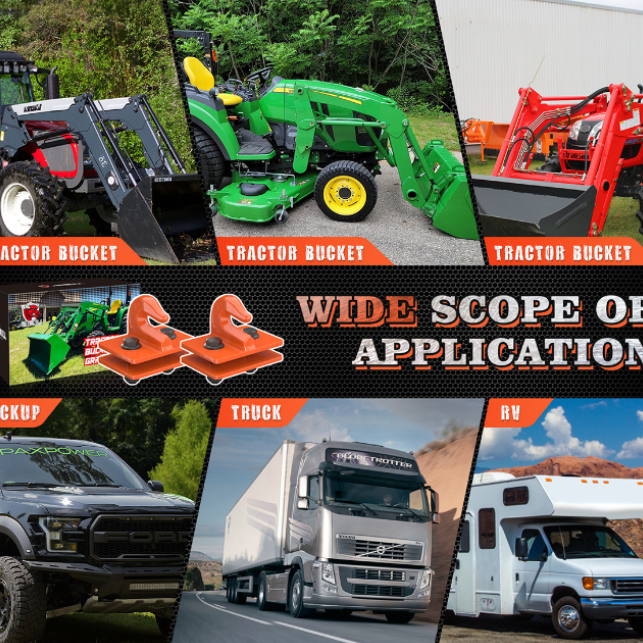 Collage of various vehicles with 'Tractor Bucket' and 'Wide Scope of Application' text.