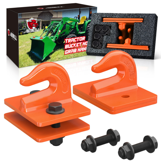Two orange tractor bucket hooks with bolts on a white background, with a tractor product image in the background.