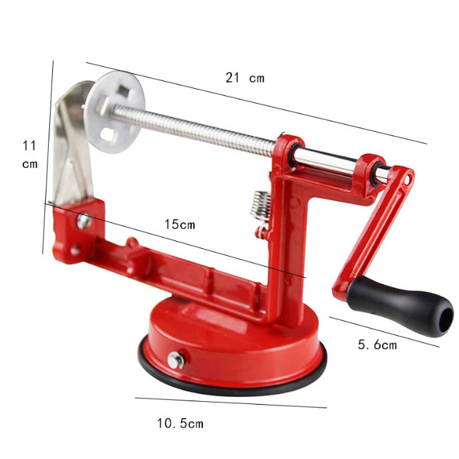 Red peeler with measurements on a white background