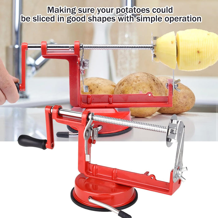Red potato peeler with potatoes on a kitchen counter