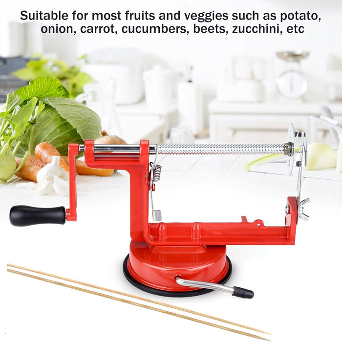 Red  peeler on a white surface with vegetables in the background