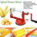 Spiral potato slicer with potatoes and sliced products on a white background