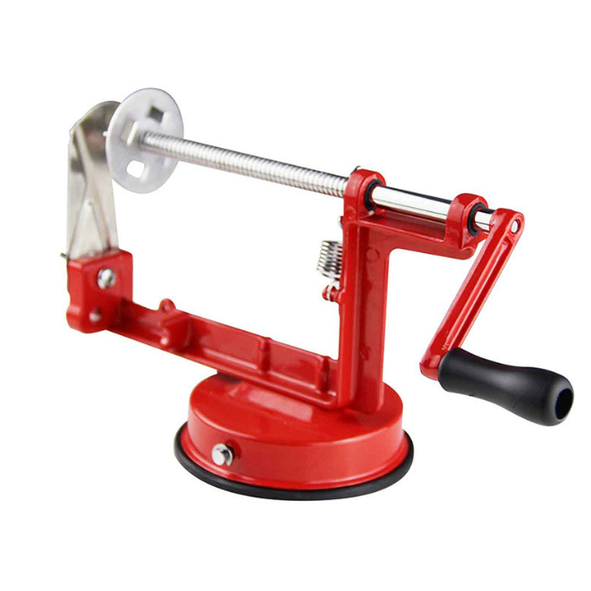 Red peeler with measurements on a white background