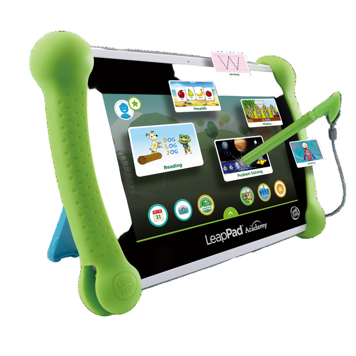 LeapPad tablet with green stand on a white background