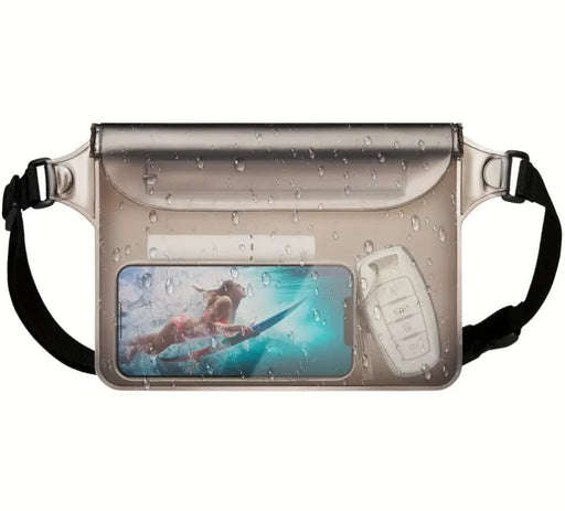 Clear waterproof pouch with phone and key holder on a white background