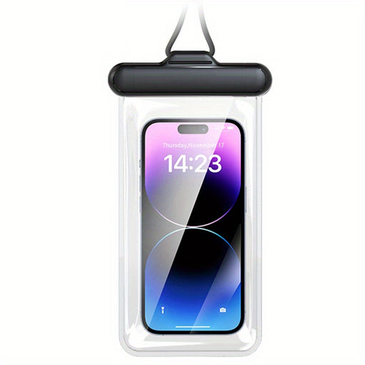 Clear phone pouch with a smartphone displaying the time on a white background