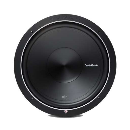 Black subwoofer with 'Rockford Fosgate' branding on a white background