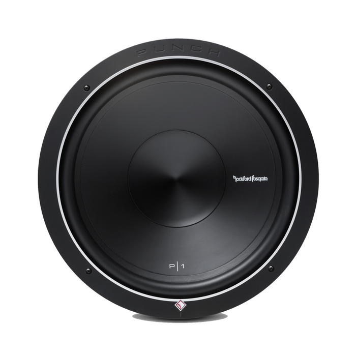 Black subwoofer with 'Rockford Fosgate' branding on a white background
