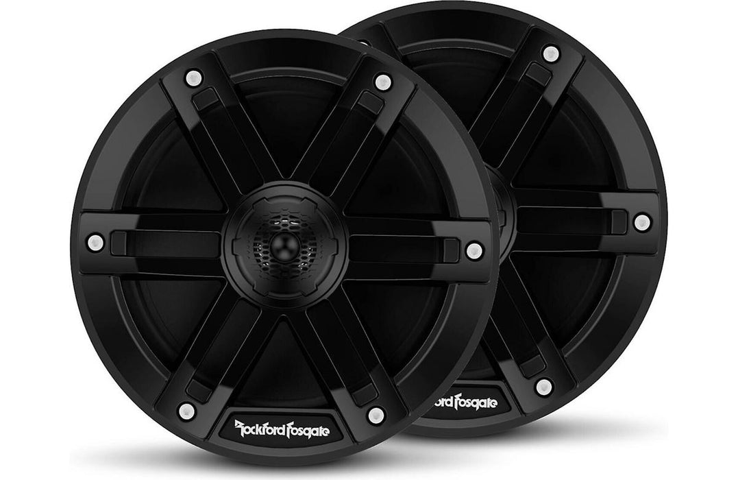 Two black car speakers with 'Rockford Fosgate' branding on a white background