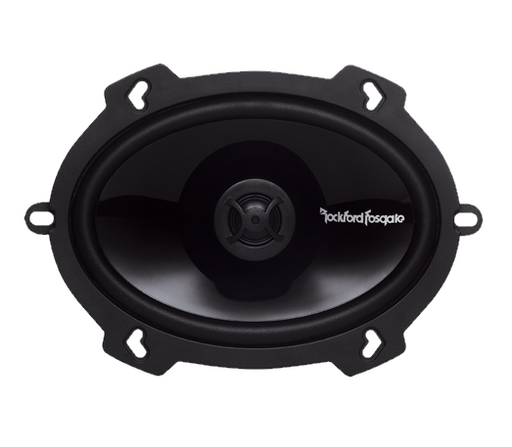Black car speaker with Rockford Fosgate logo on a white background