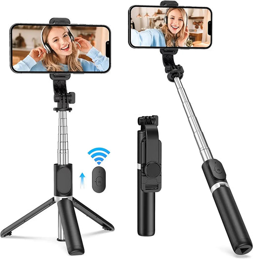 Selfie stick with smartphone holder and wireless control on a white background