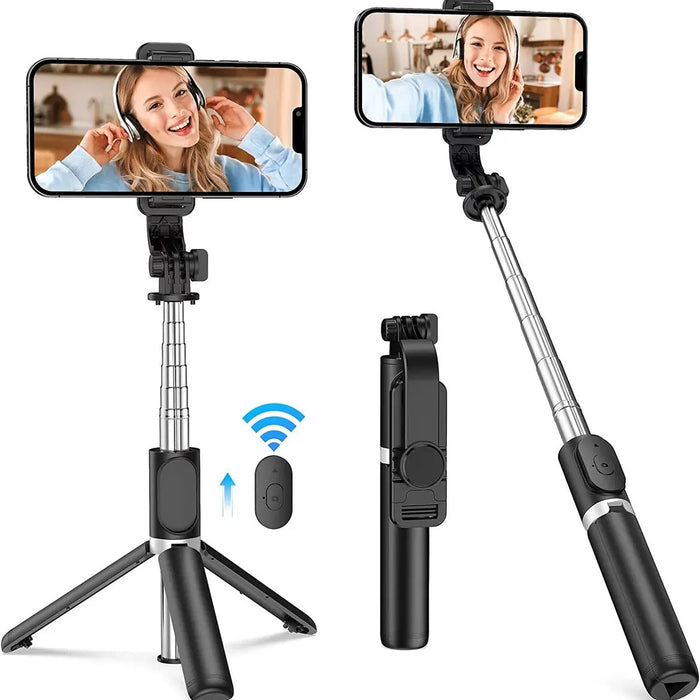 Selfie stick with smartphone holder and wireless control on a white background