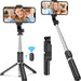 Selfie stick with smartphone holder and wireless control on a white background