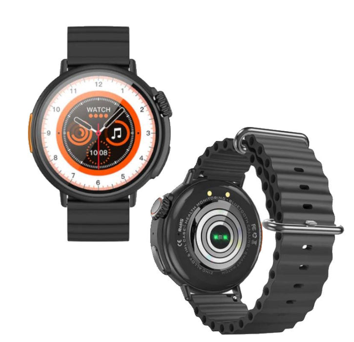 Smartwatch with black band and metallic case on a white background