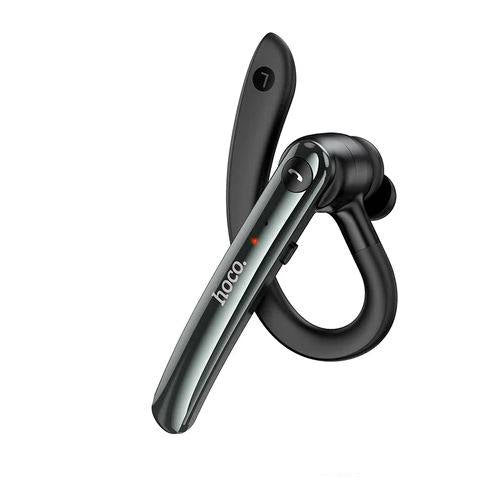 Black Bluetooth earpiece with branding on a white background