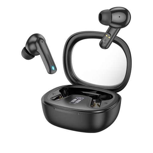 Black wireless earbuds with charging case on a white background