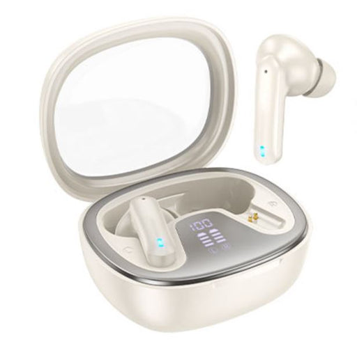 White wireless earbuds with charging case on a white background