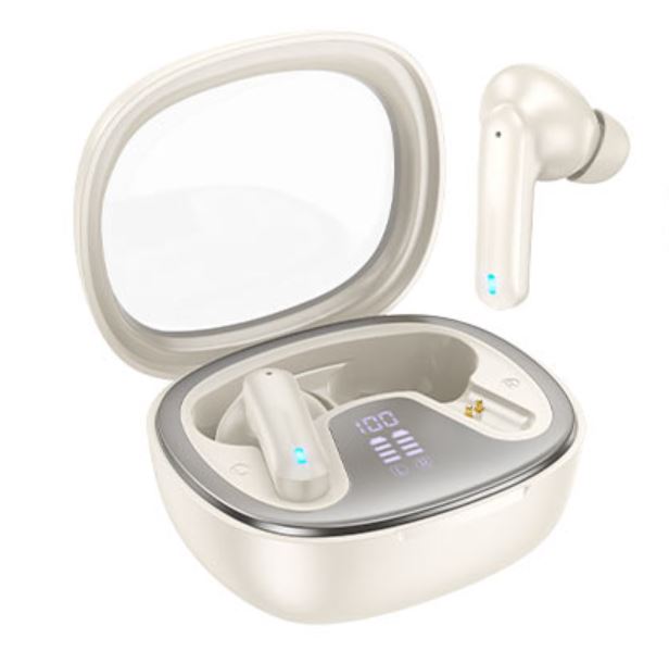 White wireless earbuds with charging case on a white background