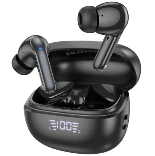 Black wireless earbuds with charging case on a white background