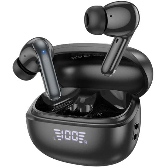 Black wireless earbuds with charging case on a white background