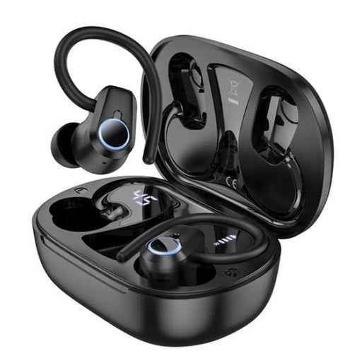 Black wireless earbuds with charging case on a white background