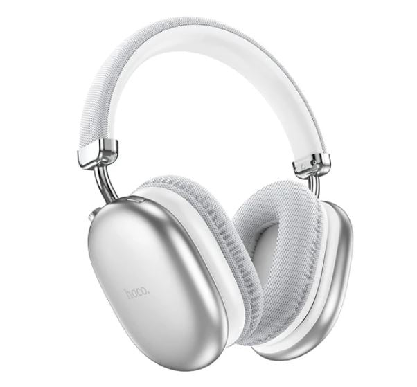 Silver headphones with white accents on a white background