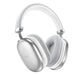 Silver headphones with white accents on a white background