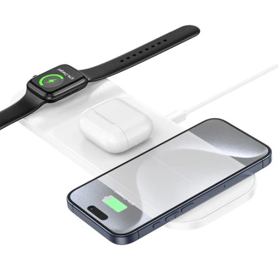 Smartwatch, wireless earbuds, and smartphone on a white background