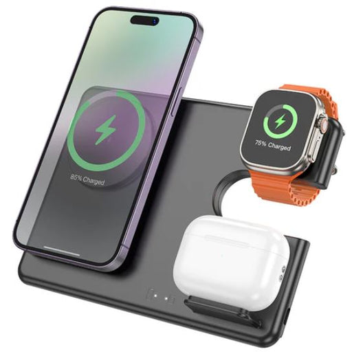 Wireless charging pad with smartphone, smartwatch, and earbuds on a white background