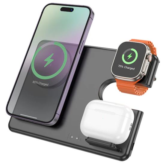 Wireless charging pad with smartphone, smartwatch, and earbuds on a white background