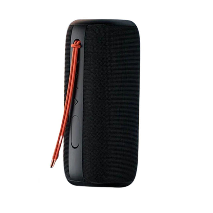 Black portable speaker with a red strap on a white background