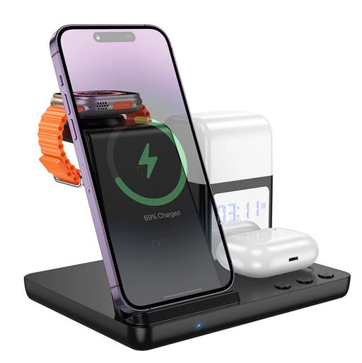 Multi-device charging station with smartphone, smartwatch, and wireless earbuds on a white background