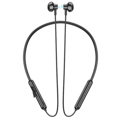Black neckband headphones on a white background