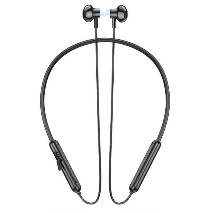 Black neckband headphones on a white background