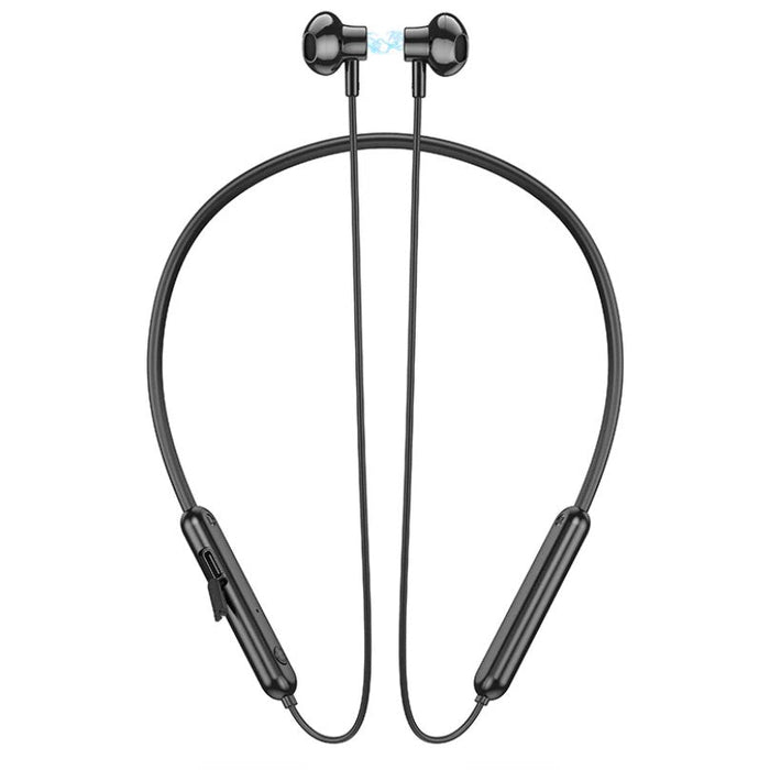 Black neckband headphones on a white background
