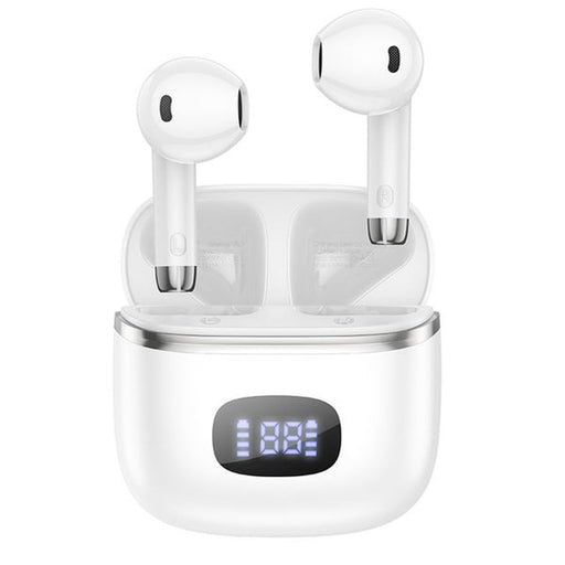 Wireless earbuds with charging case on a white background